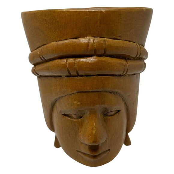 Vintage Hand Carved Mug Cup Wooden Wood Art Deco Woman Head Face 4.25" Tall - Picture 2 of 12